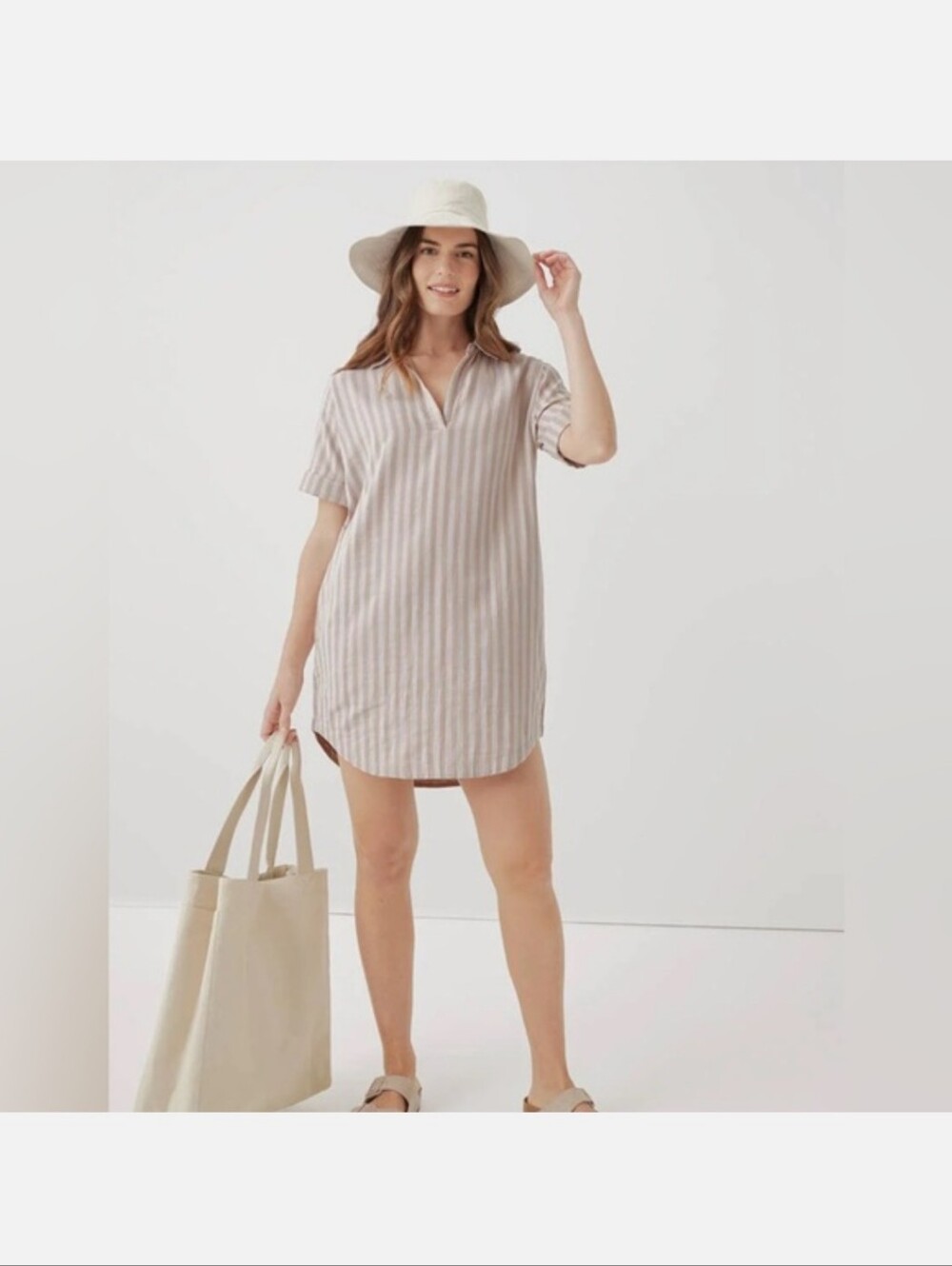 Pact Organic Coastal Double Gauze Beach Cover-Up tan white medium mini dress
